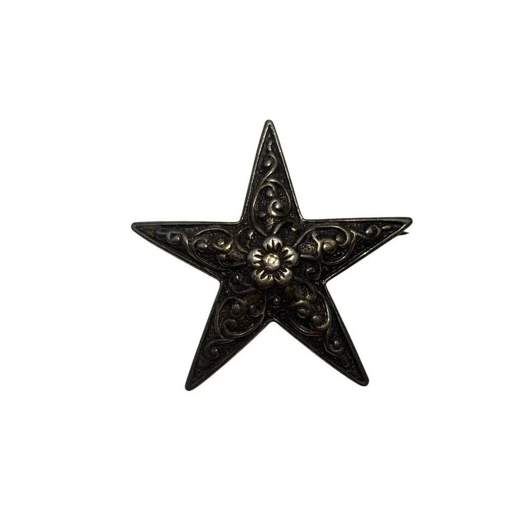 Vintage Signed Agnew Silver Tone Swirl Flower Pattern Star Brooch Pin